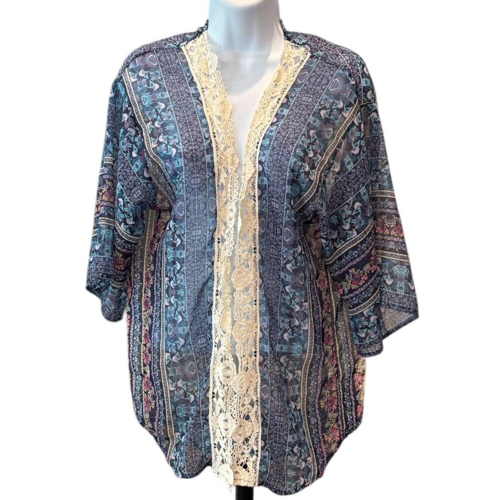 Xhilaration Boho Floral Lace Trim Kimono – XS 3/4‎ Sleeve Festival Cardigan